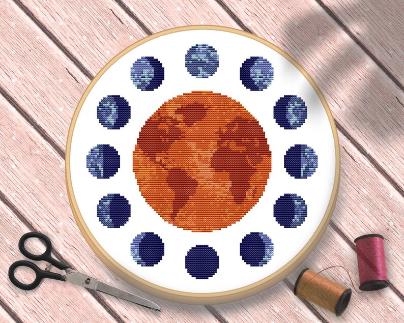 Moon Phases Cross Stitch Pattern, Earth Cross Stitch Pattern, Abstract Cross Stitch, Cross Stitch Pattern Geometric, Boho Cross Stitch PDF image 2