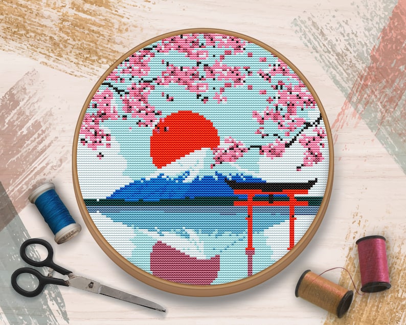 Japan Cross Stitch Pattern Cherry Blossom Cross Stitch Cross Etsy