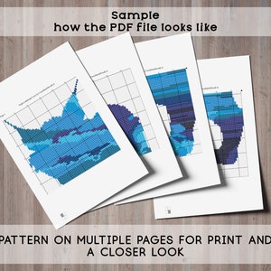 May include: A sample of a PDF file showing a cross-stitch pattern on multiple pages. The pattern is a blue and teal design with a grid background. The text "Page 1" is visible on the first page.