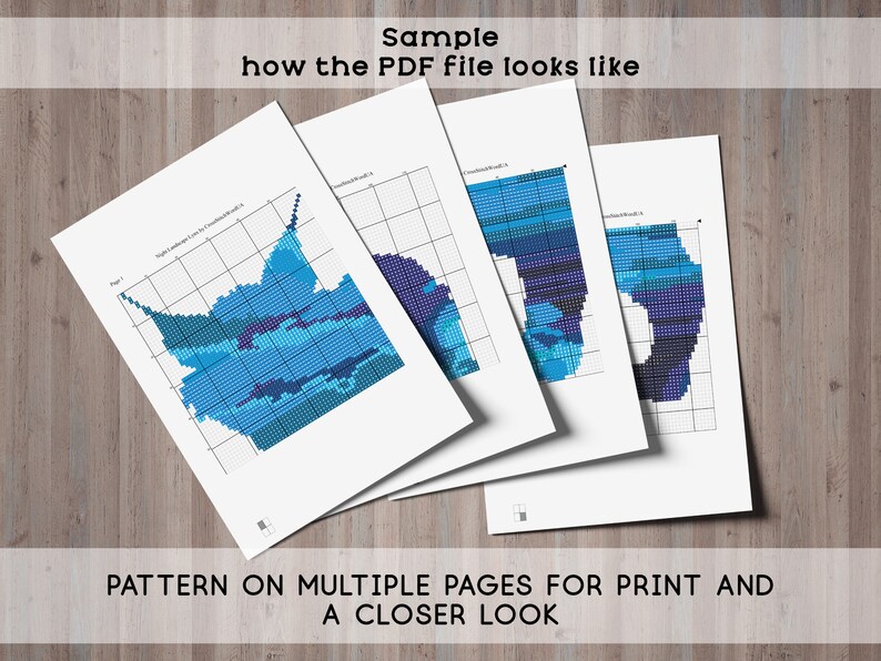May include: A sample of a PDF file showing a cross-stitch pattern on multiple pages. The pattern is a blue and teal design with a grid background. The text "Page 1" is visible on the first page.