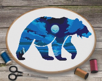 Bear Cross Stitch Pattern, Landscape Cross Stitch Bear, Nature Cross Stitch, Bear Silhouette, Forest Fairy Cross Stitch Sampler Bear Cross