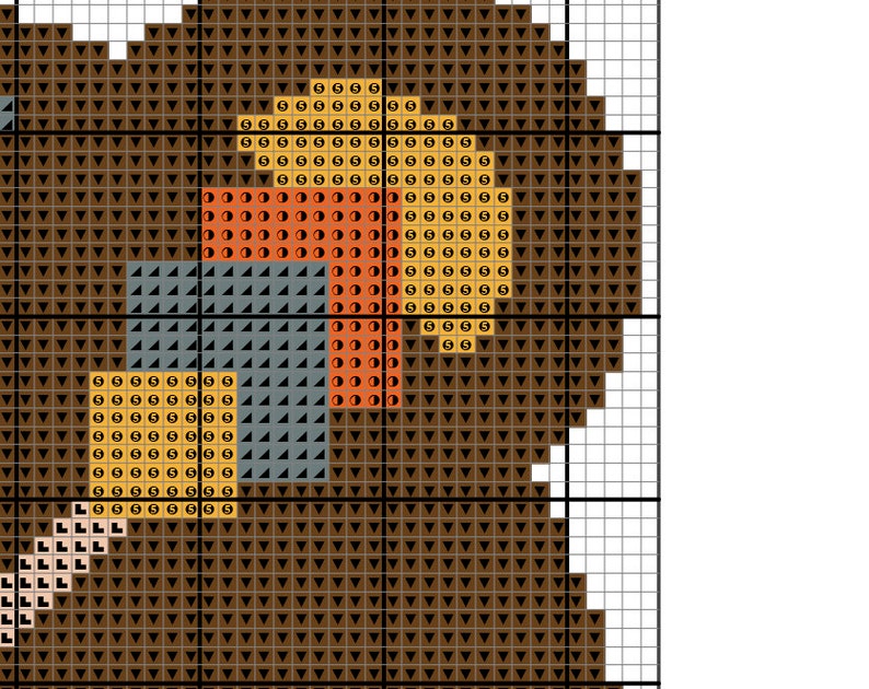 Peut inclure: Mod&egrave;le de point de croix repr&eacute;sentant un ours brun avec une fleur jaune, orange et bleue sur sa poitrine.