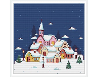 Christmas Night Town Cross Stitch Pattern, Christmas Village Cross Stitch, Merry Christmas Sampler PDF, Winter House cross stitch pattern
