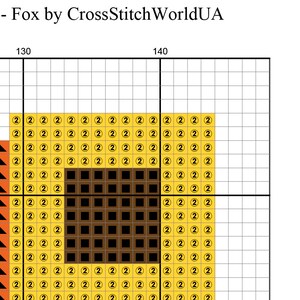 May include: Cross stitch pattern for a fox with a brown nose and yellow fur. The pattern is on a grid with numbers 130 and 140.