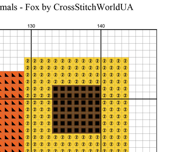 May include: Cross stitch pattern for a fox with a brown nose and yellow fur. The pattern is on a grid with numbers 130 and 140.