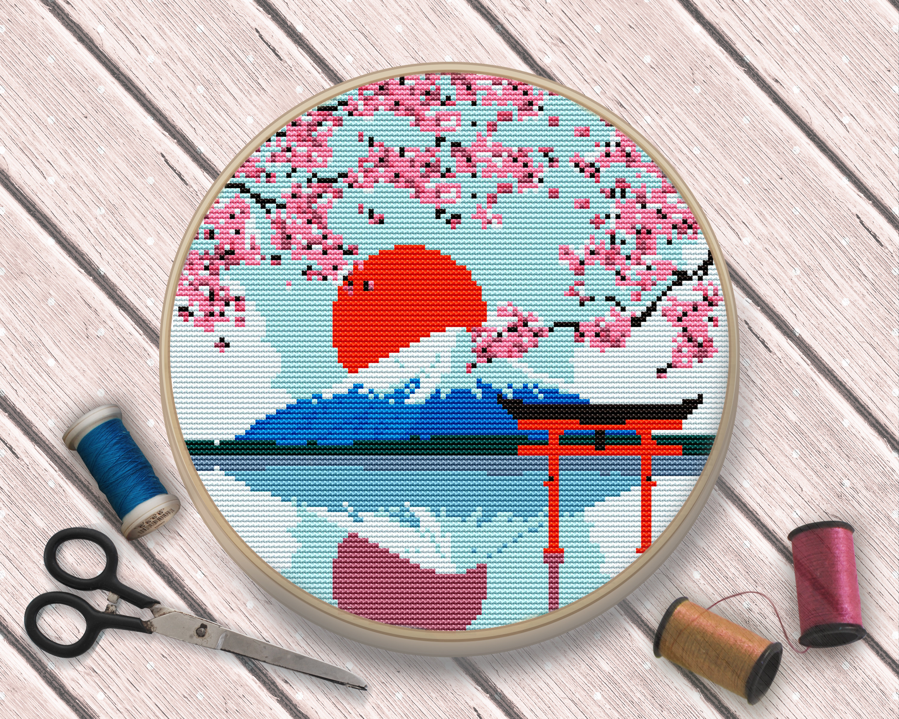 Our Japan cross stitch pattern has a beautiful mount Fuji pattern with cher...