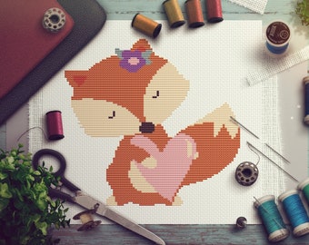 Fox with Heart Nursery Cross Stitch Pattern. Mothers Day Decoration. Modern Cross Stitch. Baby Cross Stitch. Funny Cross Stitch Pattern