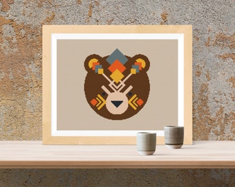 Bear Cross Stitch Pattern / Boho Bear / Ethnic Ornament Cross Stitch / Crewel Bear Pattern / Geometric Bear / Bear Counted Cross Stitch
