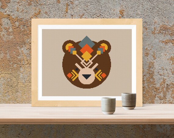 Bear Cross Stitch Pattern / Boho Bear / Ethnic Ornament Cross Stitch / Crewel Bear Pattern / Geometric Bear / Bear Counted Cross Stitch