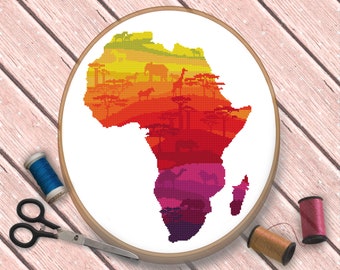 Africa Continent Cross Stitch Pattern, Rainbow Cross Stitch Pattern, Animal Cross Stitch, Map Cross Stitch, Safari Cross Stitch Pattern