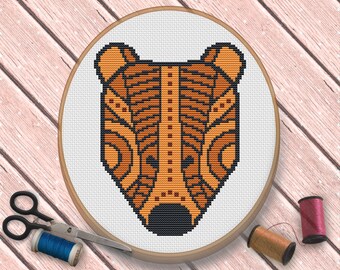 Boho Bear Cross Stitch Pattern. Tribal Animals Cross Stitch Pattern. Easy Beginner Pattern, Funny Embroidery, Nature cross stitch, PDF