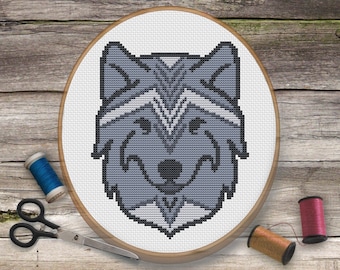 Modèle de point de croix de loup tribal. Modèle de point de croix moderne. Patron facile pour débutant, Broderie bohème drôle de loup, Point de croix ethnique, PDF