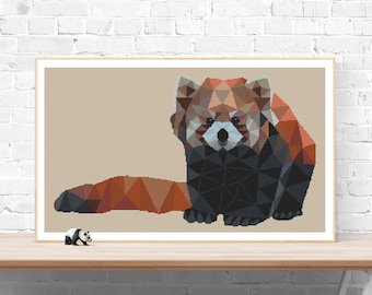 May include: Geometric red panda illustration with a brown, red, and black color scheme. The red panda is facing forward with its tail curled behind it.