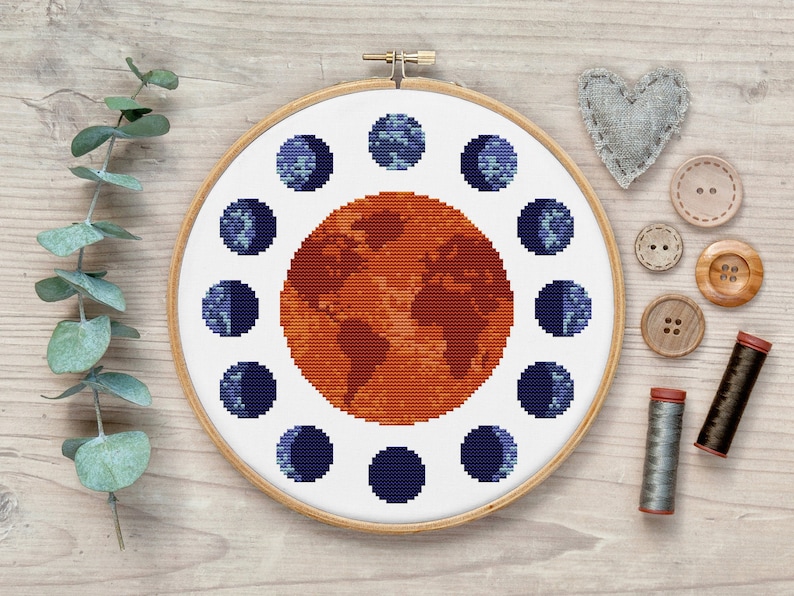 Moon Phases Cross Stitch Pattern, Earth Cross Stitch Pattern, Abstract Cross Stitch, Cross Stitch Pattern Geometric, Boho Cross Stitch PDF image 1