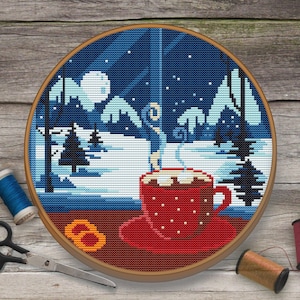Winter Cross Stitch Pattern, Winter Scene Cross Stitch Pattern, Hot Chocolate Cross Stitch, Winter Landscape Cross Stitch Pattern PDF