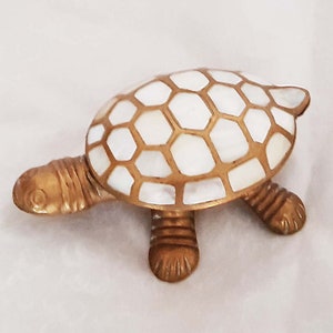 Large unusual vintage mother of pearl & brass Tortoise shaped trinket box, jewellery box, ring holder, metal oddity dish-13cm long