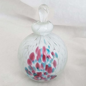 Vintage art glass perfume bottle, Mdina signed speckled design in white, pink and blue with long clear stopper-collectable glass-13cm tall