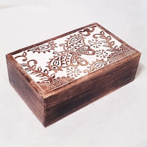 Attractive rectangular wooden trinket box from India, decorated with hand carved intricate Butterfly design, 21cm