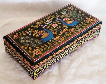 Large rectangular hand painted wooden trinket box from India, decorated with hand painted floral Peacock design-28cm