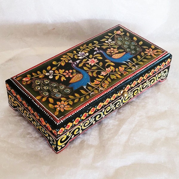 Large rectangular hand painted wooden trinket box from India, decorated with hand painted floral Peacock design-28cm