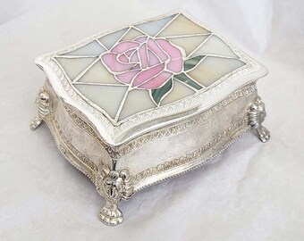 Large vintage Rennie Mackintosh stained glass trinket/jewellery box-floral design in beige, pink and green with silver leading-15.5cm long