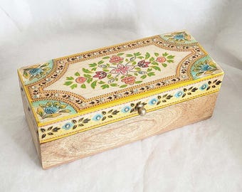 Hand-Painted Mango Wood Trinket Box, Indian Floral Design (27cm)