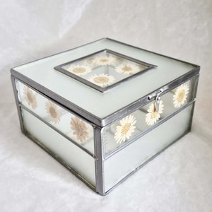 Large square stained square glass trinket box, pressed flowers encapsulated in clear and frosted glass with silver metal edging-14cm