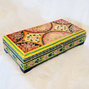 Large rectangular hand painted wooden trinket box from India, decorated with hand painted multicoloured floral design-28cm