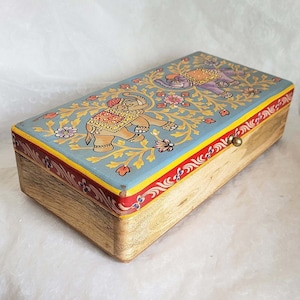 Large rectangular hand painted wooden trinket box from India, decorated with hand painted multicoloured Elephant design-34.5cm