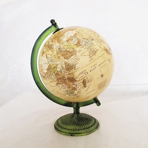 Attractive Steampunk/Victorian style vintage globe on green metal stand, detailed map, unusual vintage collectable-24cm tall