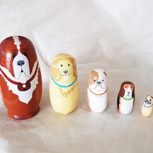 Set of 5 hand painted Dog Russian dolls, consists of a St Bernard, Golden retriever, Bulldog, Beagle & Pug 14.5cm-Vintage collectable image 1