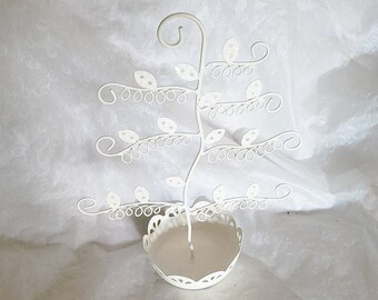 Vintage style beige metal jewellery stand, beautiful tree design with leaves and spiral hooks and tray-28cm tall