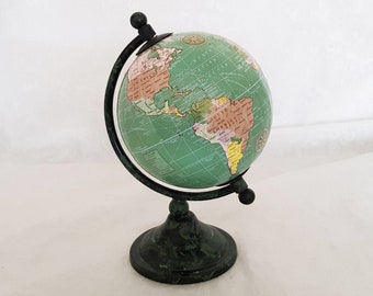 Attractive small Steampunk/Victorian style vintage globe on green and black stand, detailed map, unusual vintage collectable-19cm tall