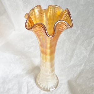 Vintage tall Imperial Marigold Carnival glass stem vase, orange and yellow Iridescent ripple pattern, 1950s-27.2cm tall