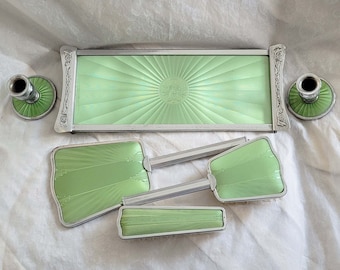 Vintage 6 piece chrome vanity set, attractive green pattern, tray, mirror, 2 brushes and 2 candle holders-1950s collectable