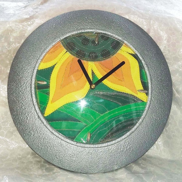 Unusual embroidered sunflower wall clock decorated with silver & gold metallic stitching-30cm