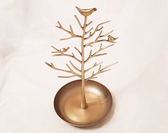 Vintage style brass metal jewellery stand, beautiful tree design with 3 ornamental birds on branches with tray to the base-stands 31cm