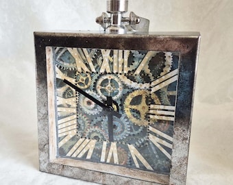 Steampunk Wall Clock, Square Aged Silver Pocket Watch Style, 20cm