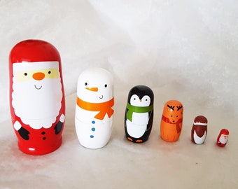 Set of 6 Hand Painted Traditional Christmas Wooden Russian Dolls