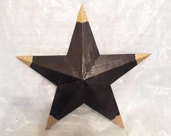 Black wooden star wall art, hand painted with textured gold spiral design, 39cm, beautiful decoration for any room