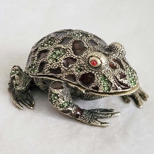 Unusual brown and brass enamel frog trinket box, embellished with diamanté stones, jewellery box, ring holder, metal oddity box-9.5cm long