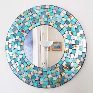Teal and Gold Mosaic Wall Mirror, Handmade in Bali (40cm)