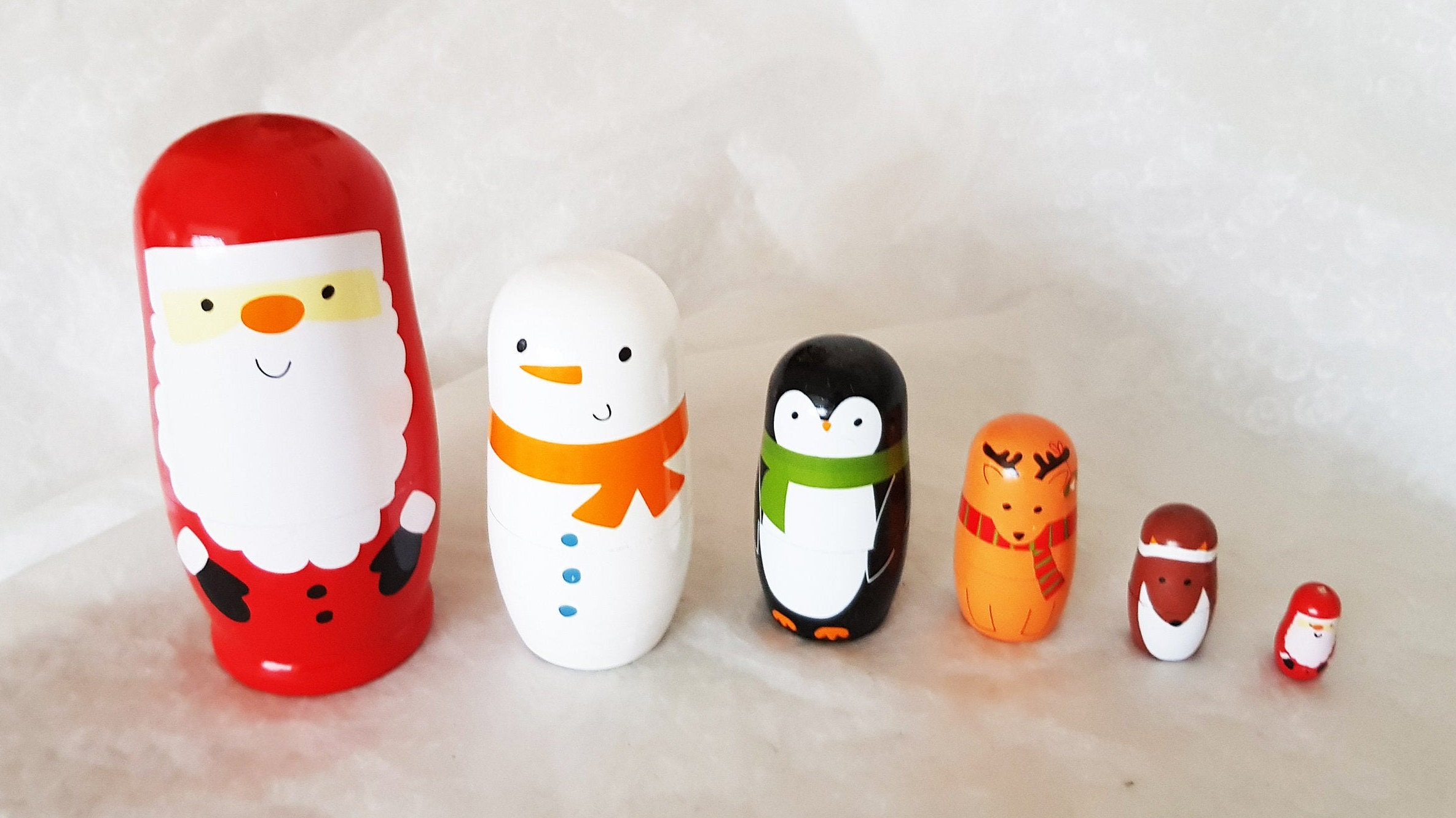Set De 6 Poupées Russes En Bois – Thème Noël – Père Noël, Pingouin, élan, Bonhomme De Neige – 15,2 Cm à 2,8 Cm