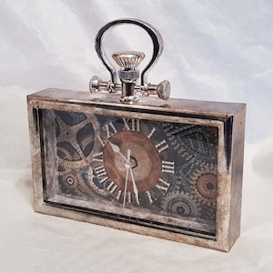 Rectangular pocket watch style Steampunk wall clock hand decorated with faux cogs with aged silver surround-height 25cm