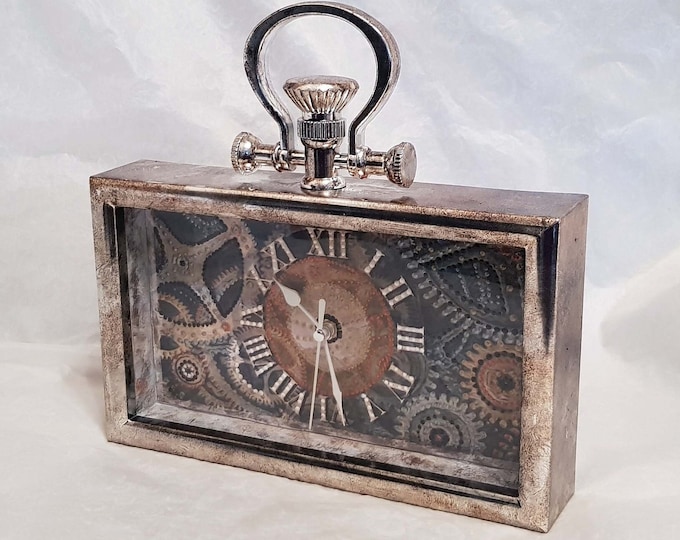 Rectangular pocket watch style Steampunk wall clock hand decorated with faux cogs with aged silver surround-height 25cm