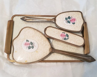 Vintage 4 piece gold vanity set, attractive lace design with pink rose centre pieces, tray, 2 brushes and mirror-1950s vintage collectable