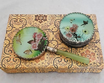 Vintage 2 piece silver and green boxed Oriental mirror and trinket box set, embellished with an attractive floral Butterfly design