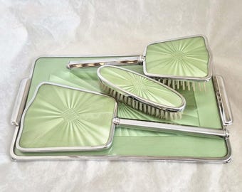 Vintage 4 piece chrome vanity set, embellished with an attractive green pattern, tray, mirror and 2 brushes-1950s vintage collectable