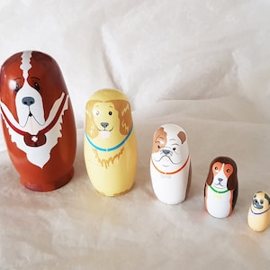 Set of 5 hand painted Dog Russian dolls, consists of a St Bernard, Golden retriever, Bulldog, Beagle & Pug 14.5cm-Vintage collectable image 3