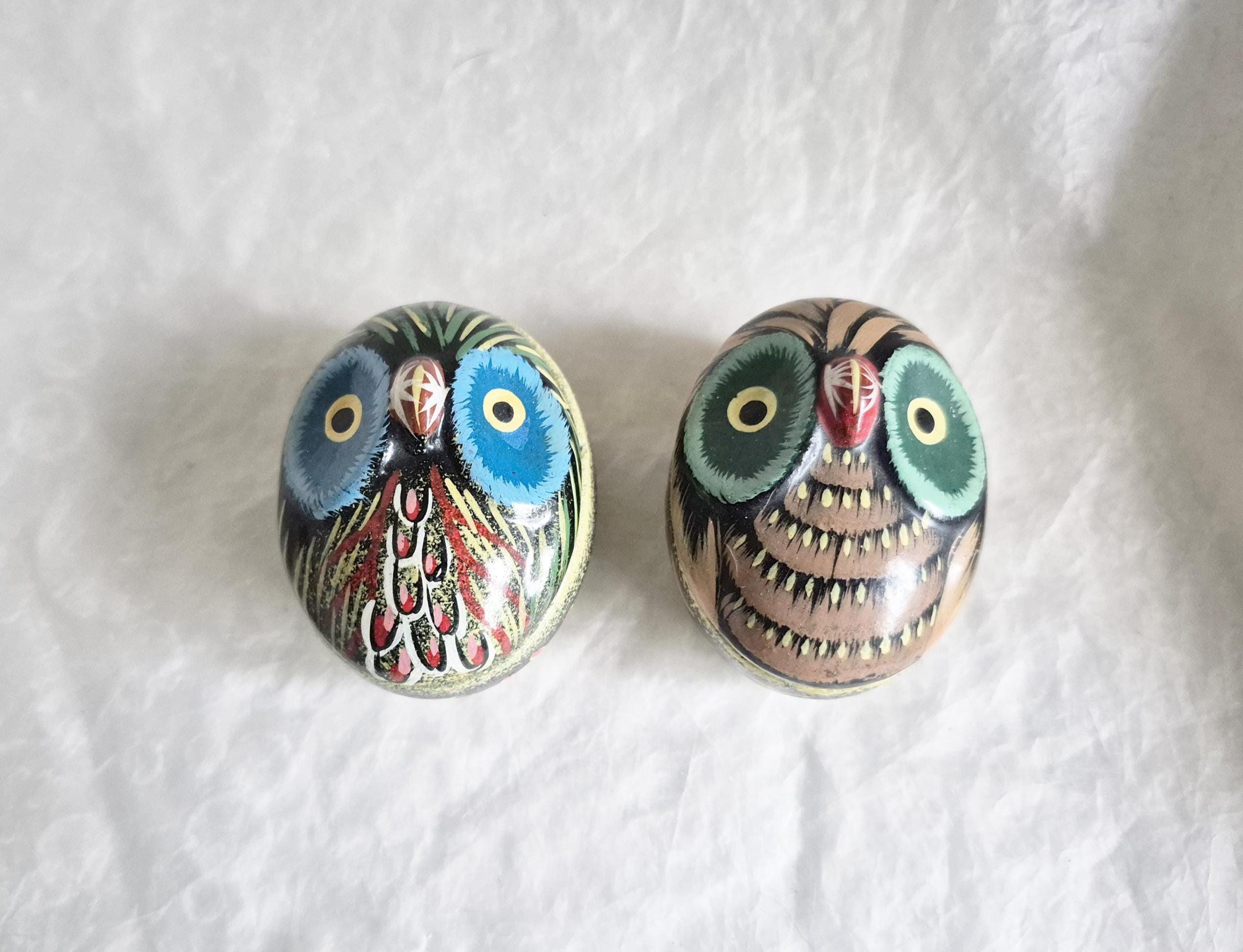 Vintage Hand Painted Ceramic Owl Trinket Boxes, Colorful Collectible